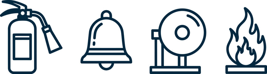 Set of four simple icons fire extinguisher bell alarm and flame for safety emergency preparedness