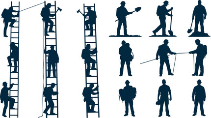 Silhouettes of people climbing ladders and engaged in winter activities like skiing and mountaineering