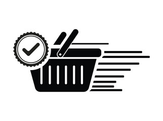 Shopping basket with check mark icon symbol of successful purchase and delivery