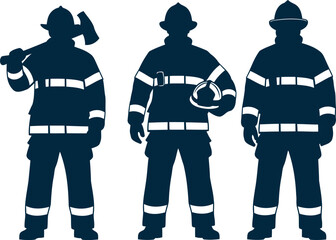 Three silhouetted firefighters in uniform ready for action ready to fight fires protecting community safety