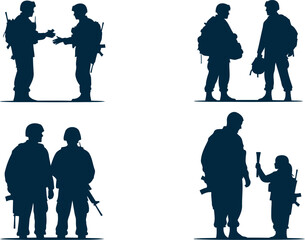 Military figures silhouette collection four poses soldier figures uniforms interaction communication training combat