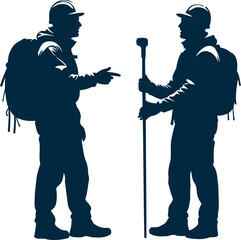 Two backpackers silhouetted standing talking outdoor adventure hikers exploring nature