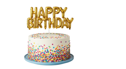 Happy birthday cake with confetti and gold balloons isolated on transparent background