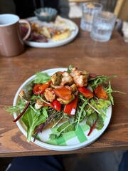 Fresh Shrimp and Vegetable Salad on Wooden Table