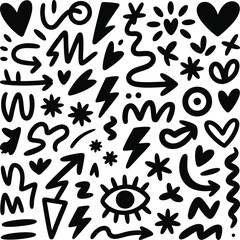 Hand drawn doodles collection black icons symbols arrows hearts stars abstract shapes and elements