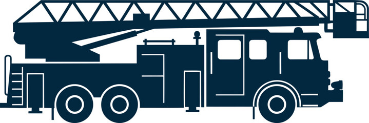 Silhouette side view of a dark blue fire truck with an extended ladder for emergency response operations