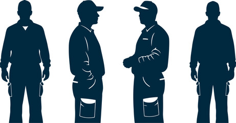 Silhouettes of construction workers in different poses demonstrating safety gear and uniforms