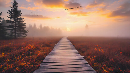 Wooden boardwalk through misty autumn marsh at sunrise with birds image