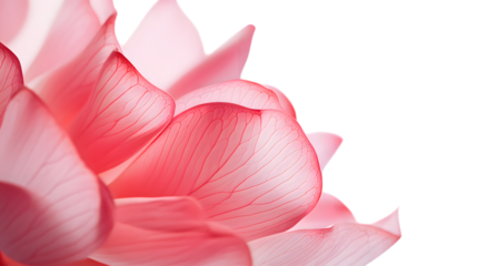 Close up of a pink lotus flower with visible petal veins against a white isolated background on the right