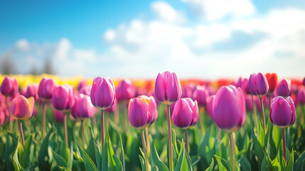 blooming tulip field with empty sky space, spring freshness mood