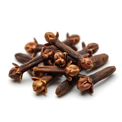 Close-up macro shot of dried brown cloves, a fragrant spice and food ingredient, isolated on a white background for seasoning and cooking