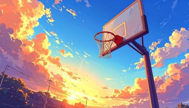 An anime-inspired scene showcasing a basketball hoop against a vibrant sunset sky filled with fluffy clouds. Golden light bathes the court - Powered by Adobe