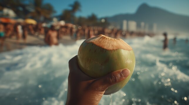 young green coconut refresh drink with summer beach view 