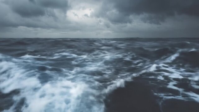Powerful deep blue ocean waves churning under a dark, dramatic stormy sky, depicting extreme natural weather conditions.