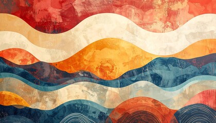 Abstract, layered landscape artwork featuring textured, curved shapes in warm, vibrant colors, resembling rolling hills. Artistic effect is visible