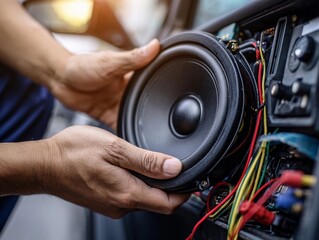 Car speaker installation in a vehicle during afternoon light