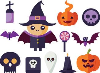 Halloween Cartoon Witch, Ghosts, Pumpkins, and Bats &ndash; Festive Character Icon Set on White Background