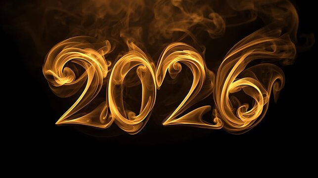 Golden fiery 2026 smoke glowing on black background