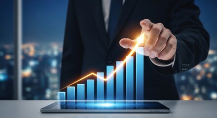 Executive Hand Driving Sales Revenue on a Glowing Bar Chart. sales executive hand in a dark suit, touching the final, tallest bar of a glowing, translucent blue histogram. bright, golden-orange arrow