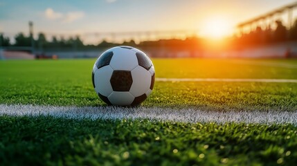 Fototapeta premium A classic black and white football sits on a bright green football field. The sunlight highlights the texture of the grass and the ball, creating a clean and sporty atmosphere. 