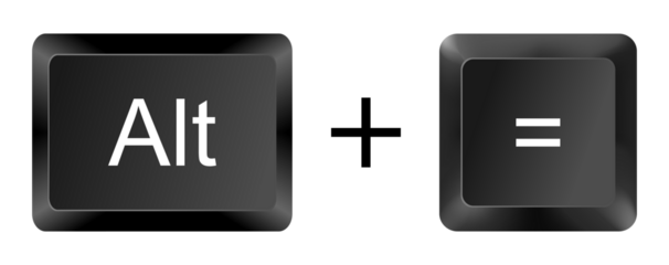 Alt + = keyboard shortcut button icon representing AutoSum function in Excel, isolated on white background