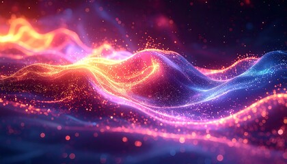 An abstract digital composition featuring luminous, undulating waves in gradients of orange, red, pink, and blue, scattered with sparkling particles