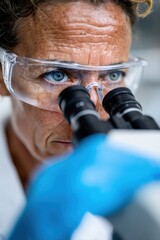 Researcher examines samples closely through microscope in modern laboratory environment