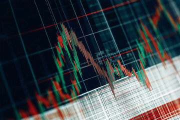 Close-up of stock market candlestick chart with red and blue indicators on dark background. Financial trading data showing price movements and technical analysis patterns for investment decisions.