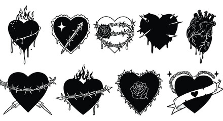 A collection of black and white heart illustrations with varying symbolic imagery