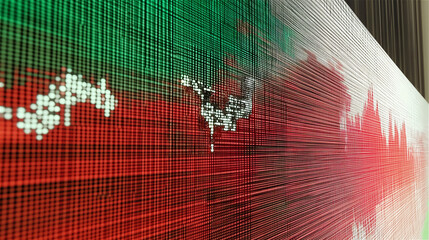 Financial chart with red and green market data visualization. Stock trading concept showing price movement indicators with technical analysis pattern against grid background with copy space.