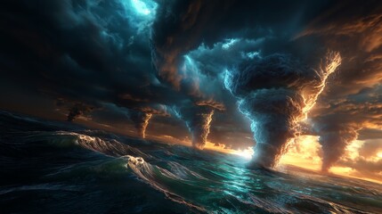A powerful vortex or tornado rises from the ocean, pulling water high into the sky. The dramatic scene shows swirling waves, mist, and dark storm clouds, creating an intense and breathtaking natural  