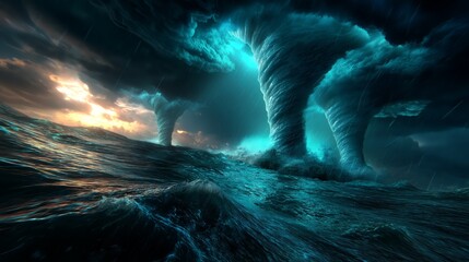 A powerful vortex or tornado rises from the ocean, pulling water high into the sky. The dramatic scene shows swirling waves, mist, and dark storm clouds, creating an intense and breathtaking natural  