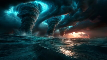 A powerful vortex or tornado rises from the ocean, pulling water high into the sky. The dramatic scene shows swirling waves, mist, and dark storm clouds, creating an intense and breathtaking natural  