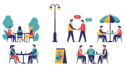 People enjoying outdoor cafe scenes with conversations and a friendly atmosphere