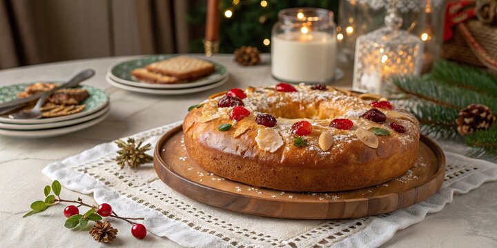 Traditional Spanish Roscon de Reyes sweet bread with candied fruits and almonds on festive table.