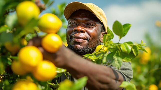 A man picking oranges from a tree in an orchard