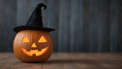 A charming Halloween scene with a jack-o'-lantern donning a witch's hat. The warm, inviting glow emanating from its carved features creates a spooky ambiance.