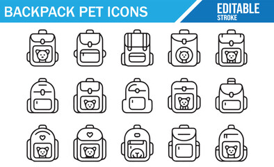 Pet travel carrier vector set, backpack outline icons for animal lovers and accessories