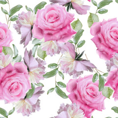 Seamless pattern with flowers. Rose.  Iris.  Watercolor. Hand drawn.