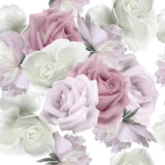 Seamless pattern with flowers. Rose. Watercolorr. Hand drawn.