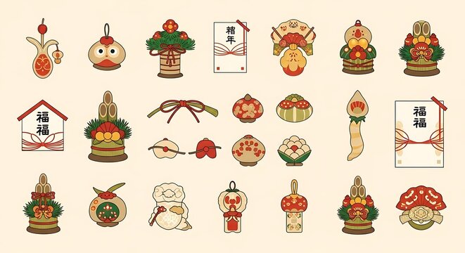 Japanese New Year Decorations Set - Auspicious Symbols for Good Fortune and Prosperity.