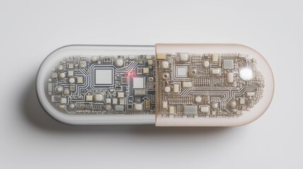 close up a capsule with electric circuit board inside it 