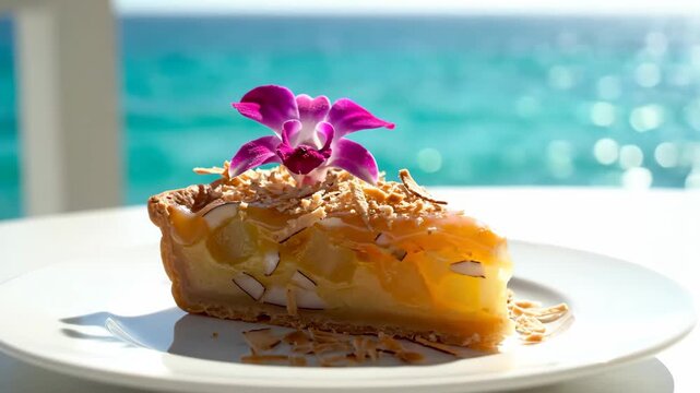 Delicious tropical coconut pineapple tart decorated with orchid flower against the beautiful sea