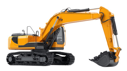 An excavator construction truck isolated on a white background, shown as a transparent png style image with heavy-duty industrial design.