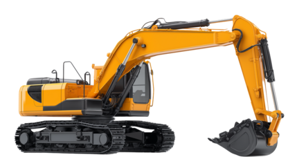 An excavator construction truck isolated on a white background, shown as a transparent png style image with heavy-duty industrial design.