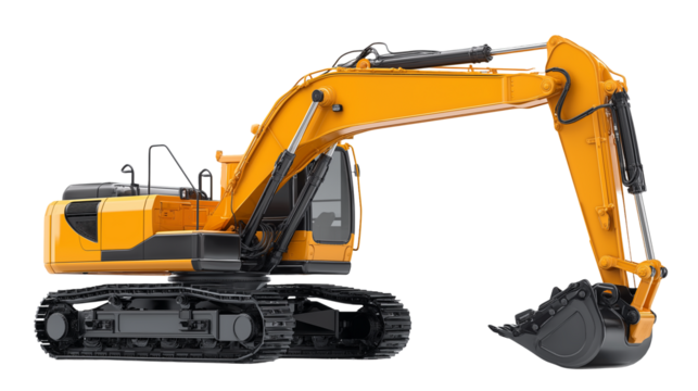 An excavator construction truck isolated on a white background, shown as a transparent png style image with heavy-duty industrial design.