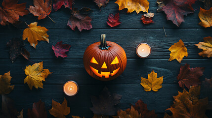 halloween flat lay with pumpkin, candle, and autumn leaves, dark warm mood