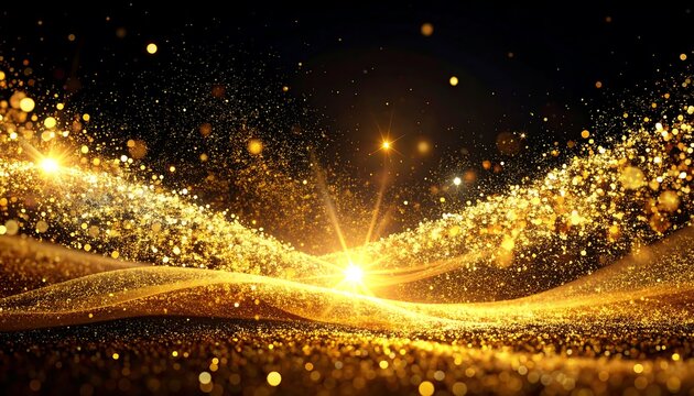 An abstract digital composition featuring streams of glowing gold particles and bursts of light against a dark, celestial backdrop