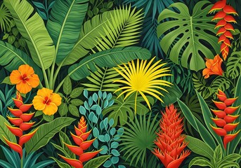 Lush tropical paradise with vibrant flowers and exotic foliage, bringing a touch of nature and tranquility to any creative project