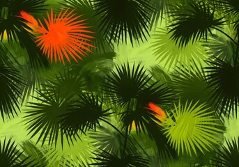 Lush tropical foliage design with vibrant green and a touch of striking orange, perfect for adding exotic warmth to any creative project